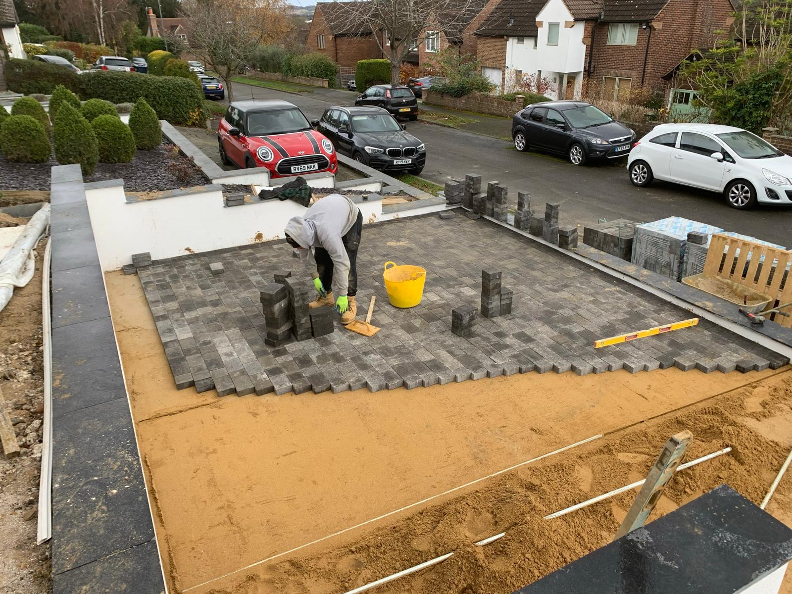 Close-up of driveway blockwork in progress